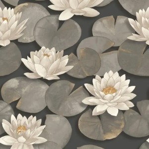 Casadeco|Papier peint style japonais avec nénuphars pétales beiges|Papier Peint
