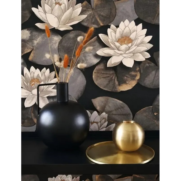 Papel Pintado floral oriental nenúfares, pétalos negro - Casadeco Gardens 87639874