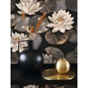 Casadeco|Oriental floral wallpaper with black water lily petals|Japanese Flowers