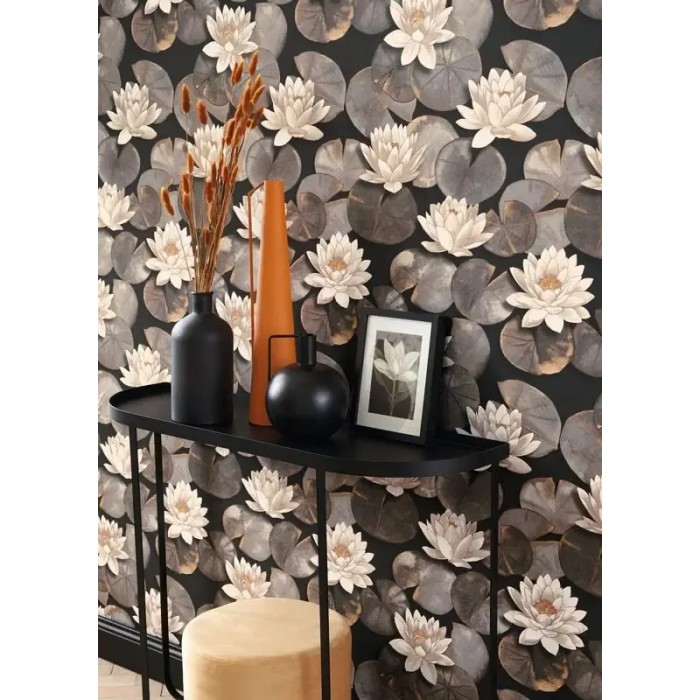 Papel Pintado floral oriental nenúfares, pétalos negro - Casadeco Gardens 87639874