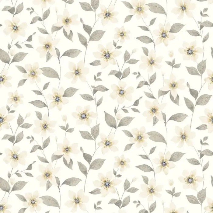 Casadeco|Papel Pintado floral romántico clematitas blanco y beige|Romántico