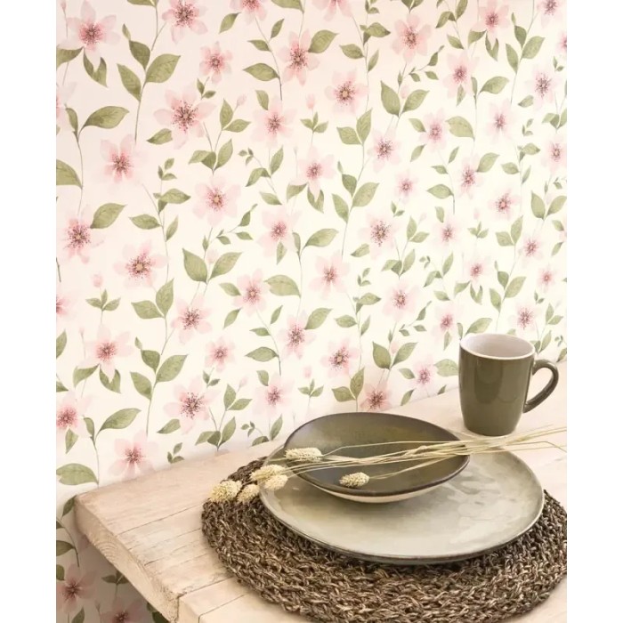 Casadeco|Romantic floral wallpaper with climbing pink clematis|Romantic