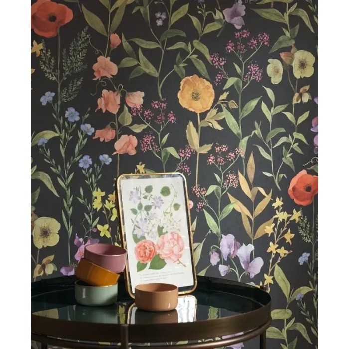 Casadeco|Papel Pintado estilo escandinavo negro con flores multicolor|Floral
