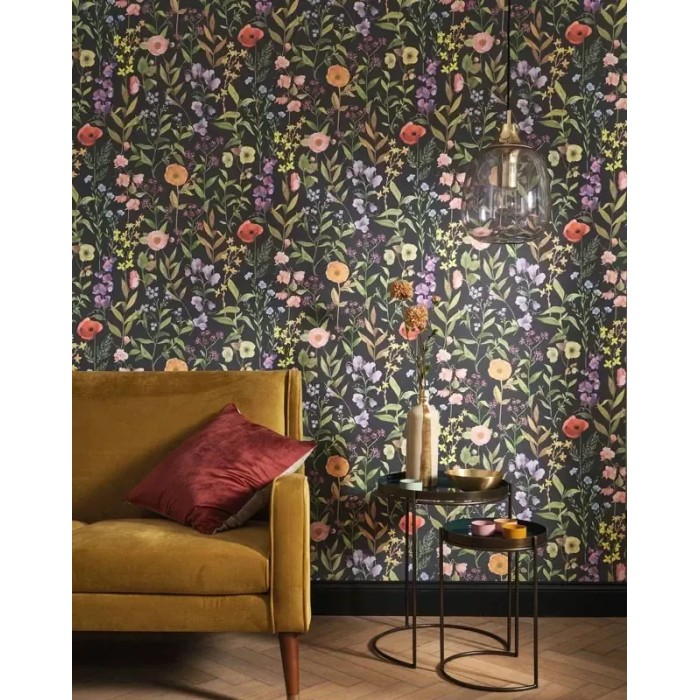 Casadeco|Papel Pintado estilo escandinavo negro con flores multicolor|Floral