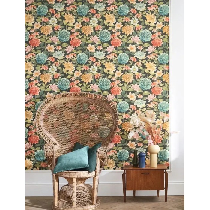 Casadeco|Papier peint floral fond noir et dahlias multicolores|Floral
