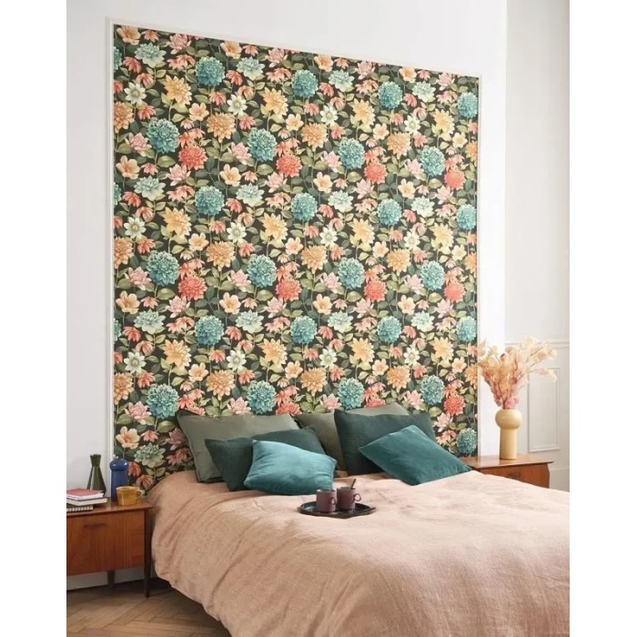Casadeco|Florale Tapete mit schwarzem Hintergrund und mehrfarbigen Dahlien|Blumen