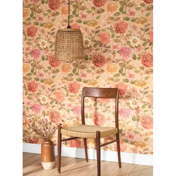 Casadeco|Tapete mit großen Dahlien auf dunklem Hintergrund|Blumen