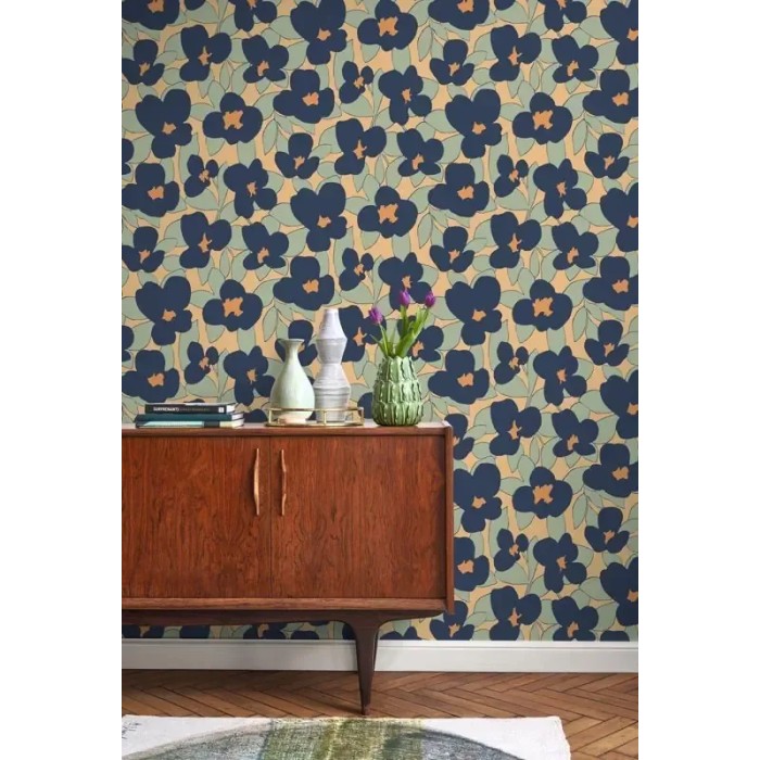 Casadeco|Papier peint fleurs rétro bleu et beige style vintage|Rétro