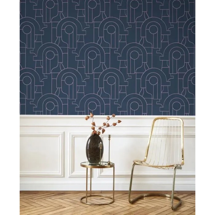 Casadeco|Blue Art Deco wallpaper with circles and geometric shapes|Art Deco