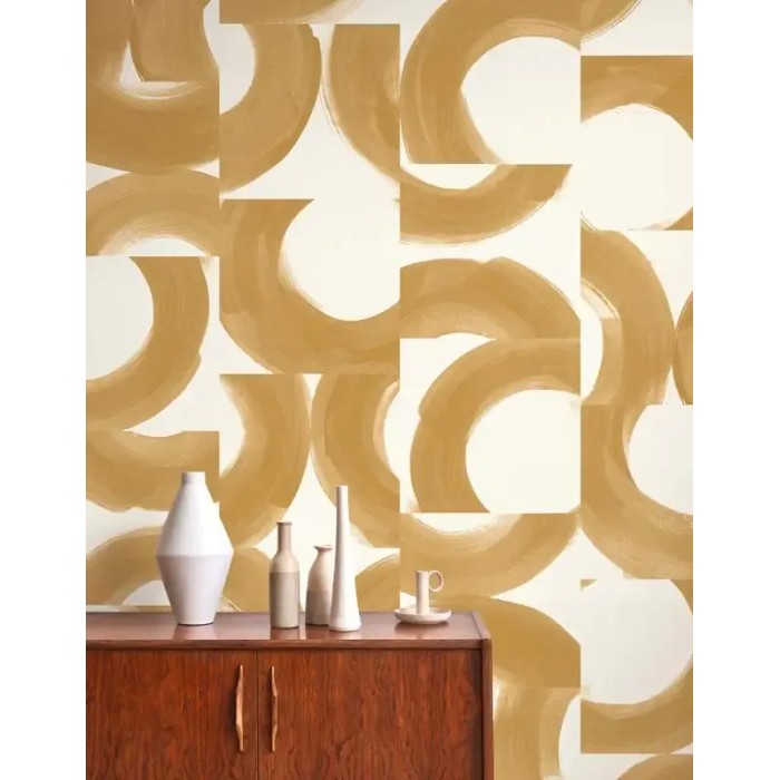 Casadeco|Artistic style wallpaper with yellow-gold watercolor semicircles|Wallpaper