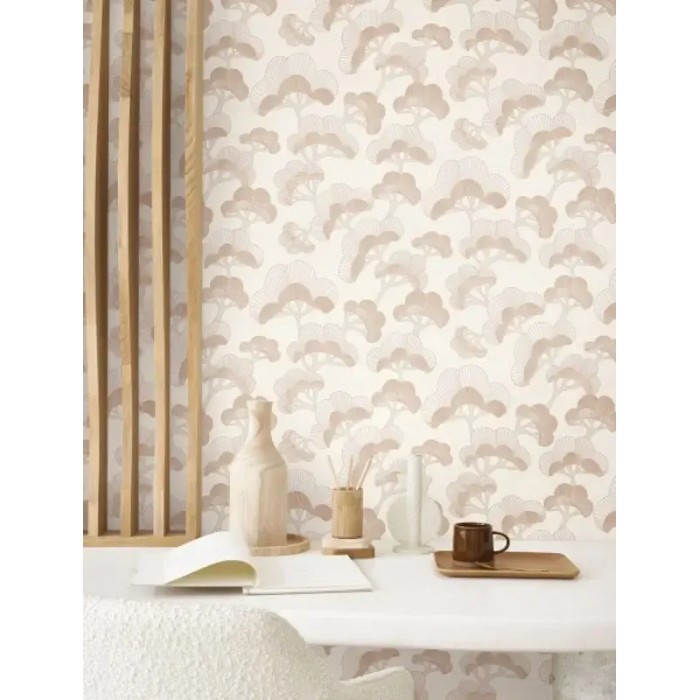 Casadeco|Modern Japandi wallpaper with Japanese pines in white and beige|Wallpaper