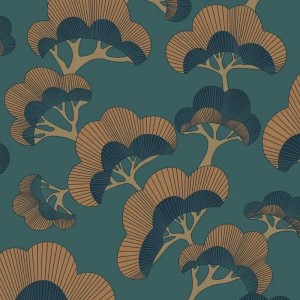 Casadeco|Papier peint style japonais moderne avec pins orientaux vert kaki|Moderne