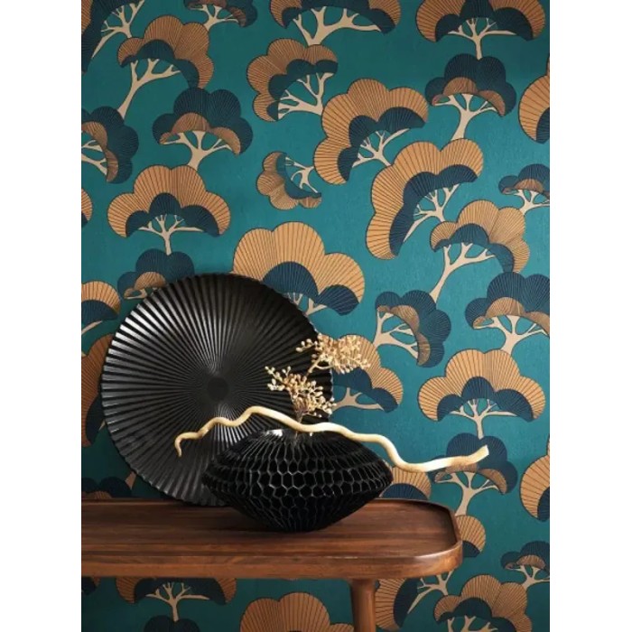 Casadeco|Modern Japanese floral wallpaper with glossy pine motif|Oriental