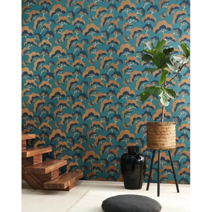 Casadeco|Moderne japanische Blumentapete mit glänzendem Kiefernmotiv|Orientalisch