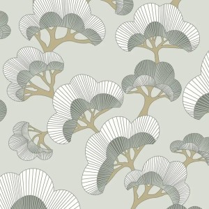 Casadeco|Papier peint style japonais moderne avec pins orientaux vert kaki|Moderne