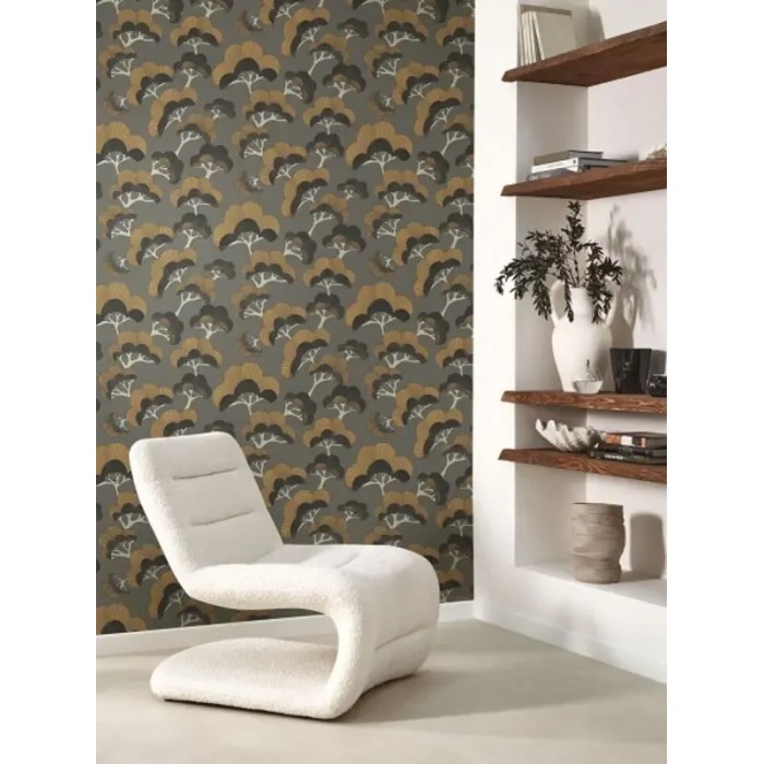 Casadeco|Modern Japanese style wallpaper with khaki green oriental pines|Modern