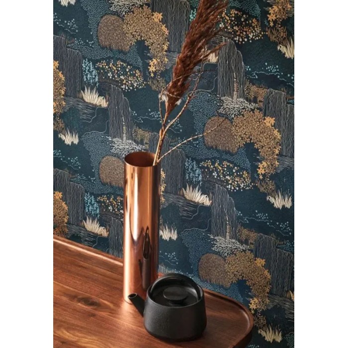 Papel Pintado estilo japonés con jardín botánico de flores japonesas azul - Casadeco Kyoto 88726759