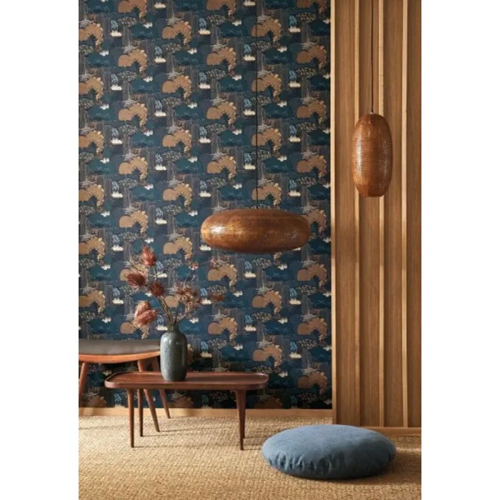 Casadeco|Japanische Tapete mit botanischem Garten in Blau mit japanischen Blumen|Orientalisch