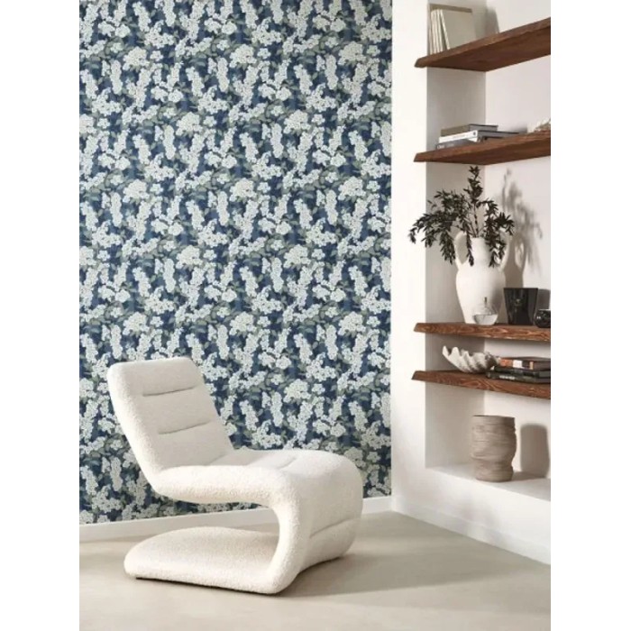 Casadeco|Papel Pintado estilo oriental, cerezo en flor con peonias azul oscuro|Flores Japonesas
