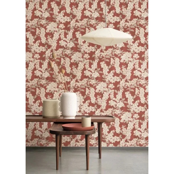 Casadeco|Japanische Blumentapete mit roten Pfingstrosen und Kirschblüten|Japanische Blumen