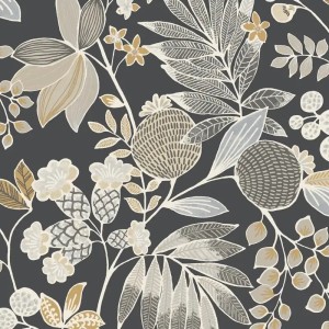 Casamance|Papier peint oasis floral moderne noir bleu et doré|Tropical