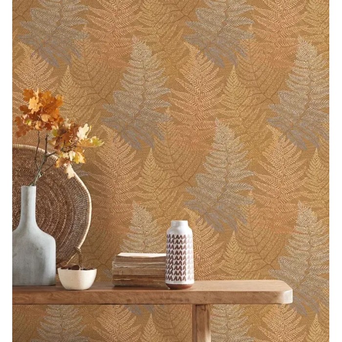 Casadeco|Papel pintado escandinavo con helechos en amarillo ocre|Papel Pintado