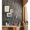 Casadeco|Dunkelgraue skandinavische Blumentapete mit Farnen|Tapeten
