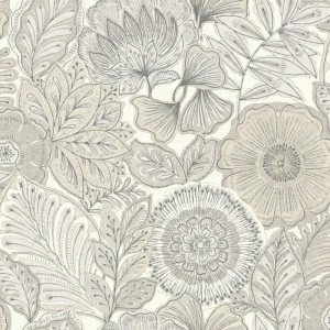 Casadeco|Wallpaper with large flowers beige batik effect|Fabric Imitation