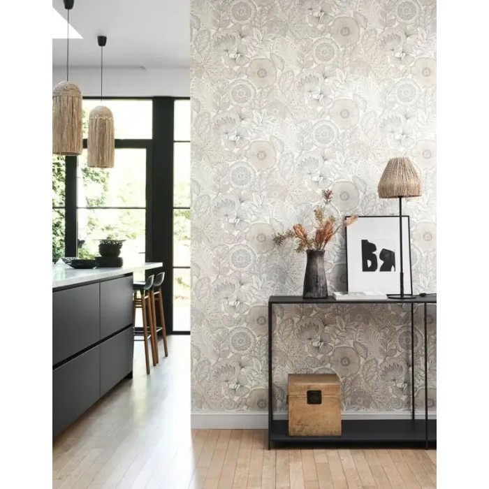 Papel pintado flores grandes blanco gris efecto batik - Casadeco Bali 88150920