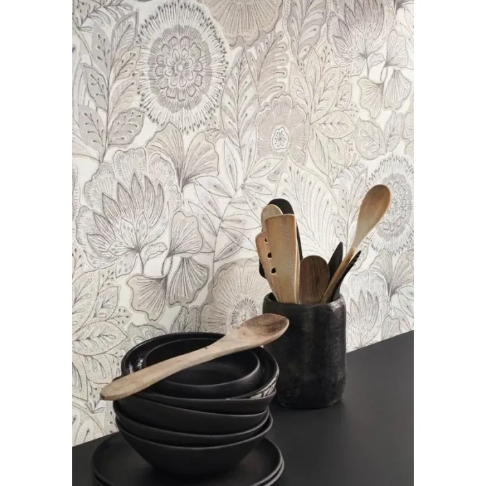 Casadeco|Papier peint grandes fleurs blanc et gris effet batik|Imitation Tissu