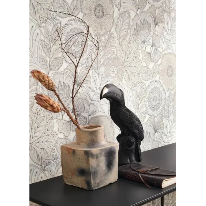 Casadeco|Papier peint grandes fleurs blanc et gris effet batik|Imitation Tissu