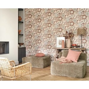 Casadeco|Wallpaper with large flowers beige batik effect|Fabric Imitation 2
