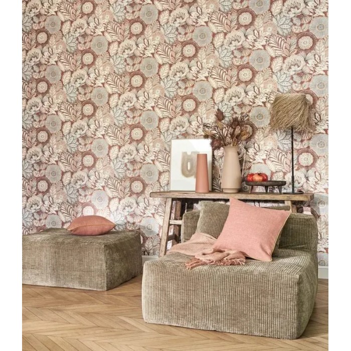 Casadeco|Wallpaper with large flowers orange batik effect|Ethnic