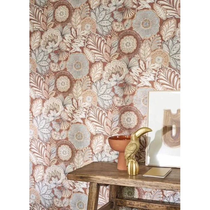 Casadeco|Papier peint grandes fleurs orange effet batik|Ethnique