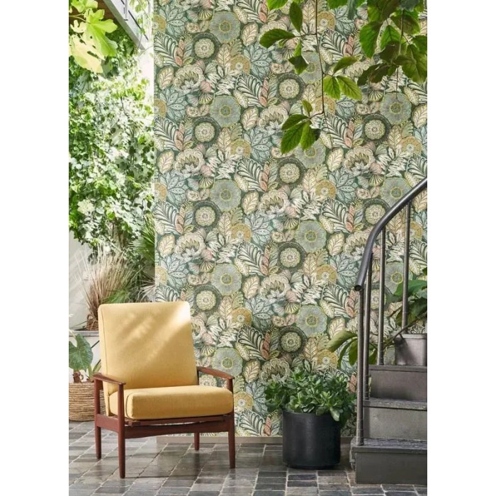 Casadeco|Papel pintado flores exóticas verde efecto textil|Papel Pintado