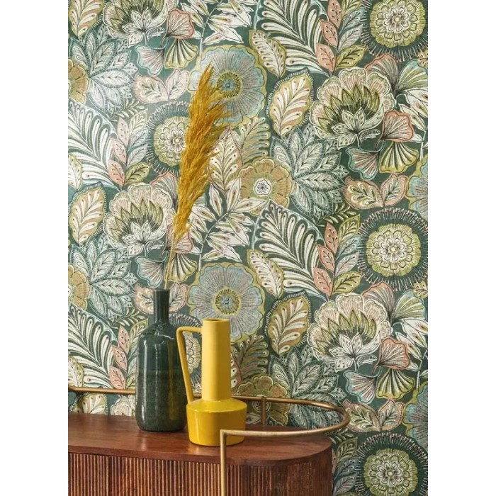 Casadeco|Papel pintado flores exóticas verde efecto textil|Papel Pintado