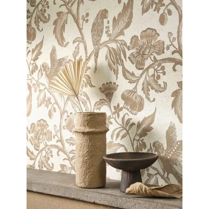 Casadeco|Vintage floral wallpaper beige with macaws|Wallpaper