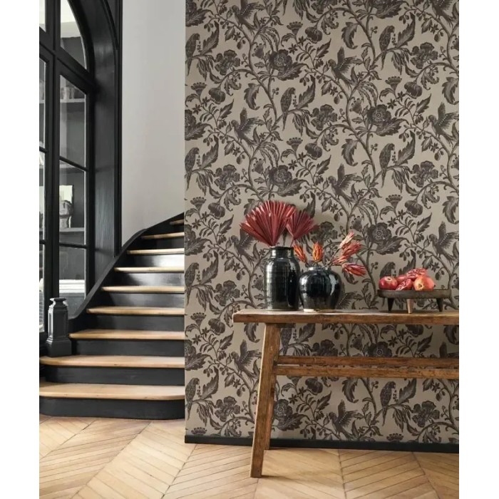 Casadeco|Papel pintado flores vintage verde y guacamayos|Imitacion Tela