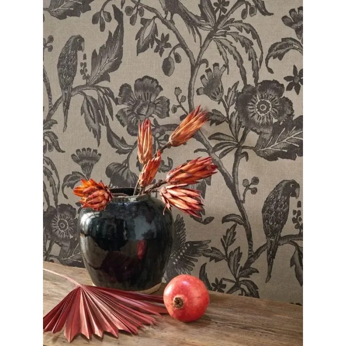 Casadeco|Vintage floral wallpaper beige and black with macaws|Wallpaper