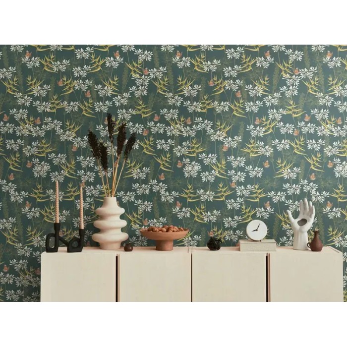 As Creation|Papel pintado flores y mariposas estilo floral verde|Romántico