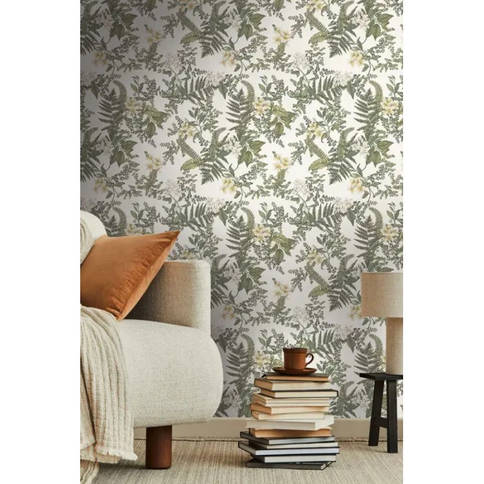 As Creation|Papier Peint fleurs et fougères blanc et vert|Scandinave