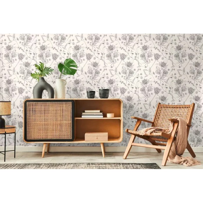 As Creation|Tapete Blumen Schmetterlinge weiß und grau|Romantisch