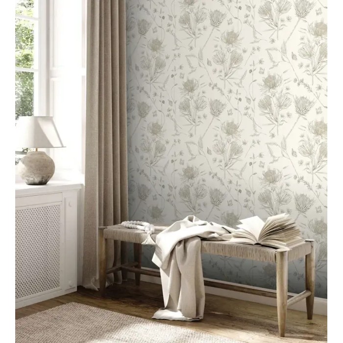 As Creation|Papier Peint fleurs papillons romantique blanc et vert|Papier Peint