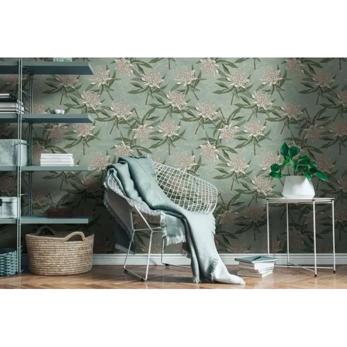 As Creation|Papel pintado crisantemos estilo floral verde|Papel Pintado