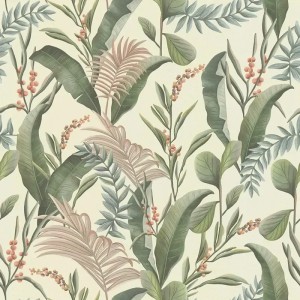 Caselio|Papier peint floral avec perruches bleu ciel et kaki|Tropical