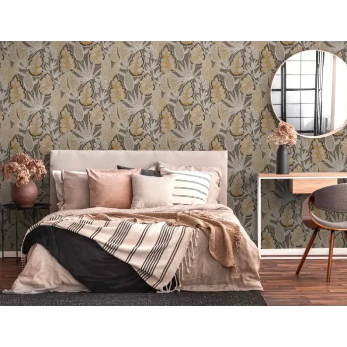 As Creation|Tapete im Boho-Stil mit braunem und gelbem Blumenmuster|Ethnisch