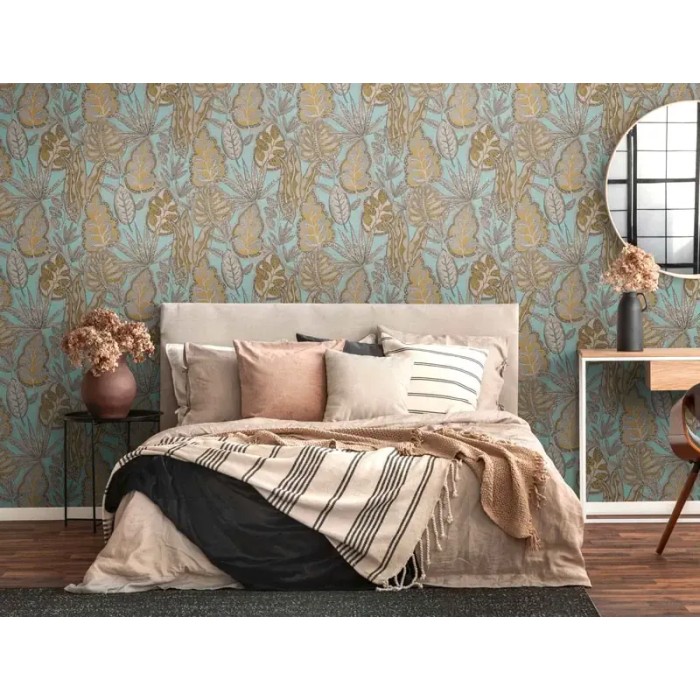 As Creation|Wallpaper boho floral style in turquoise and yellow|Retro