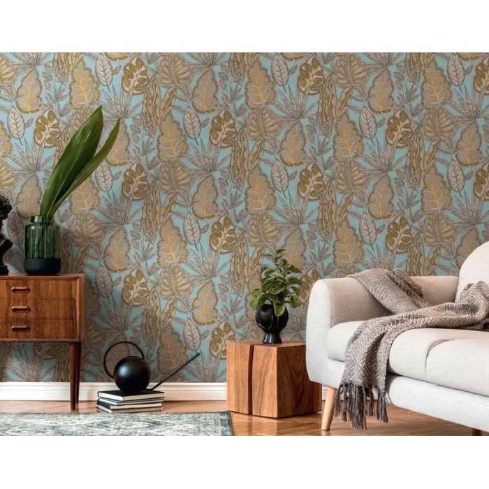 As Creation|Tapete im Boho-Stil mit floralen Mustern in Türkis und Gelb|Retro