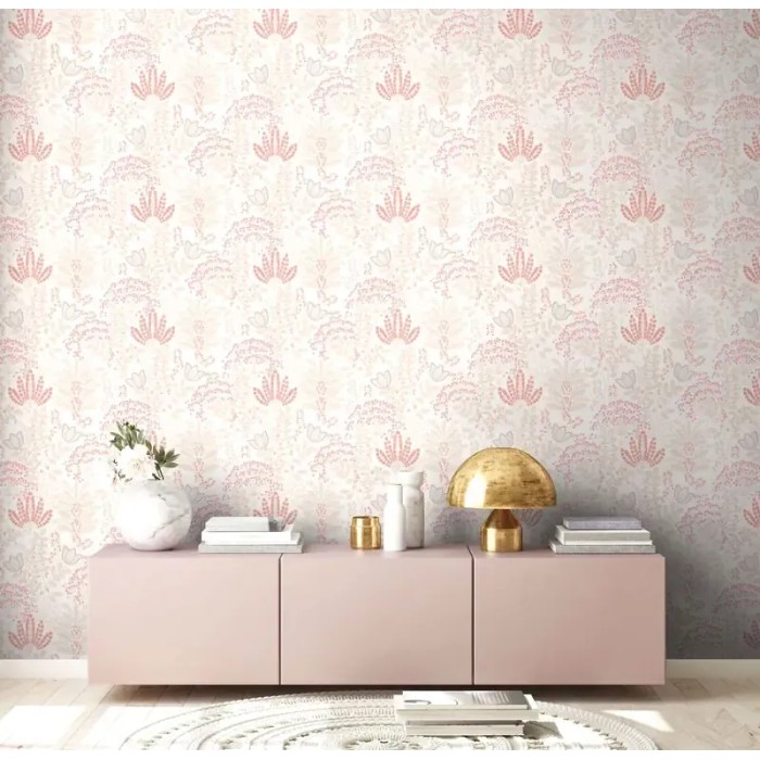As Creation|Retro floral boho style white and pink wallpaper|Wallpaper