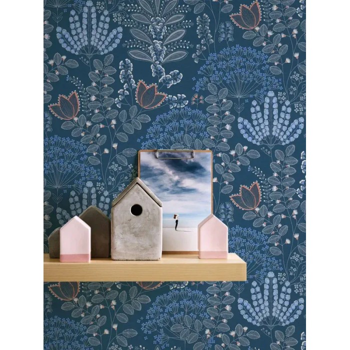 As Creation|Tapete Retro-Blumen im Boho-Stil Blau|Modern